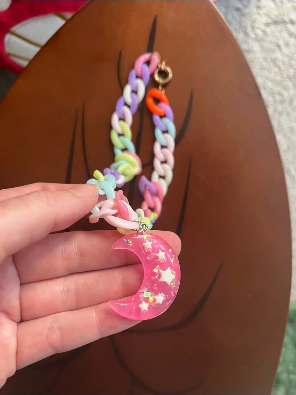 Kids Pastel Rainbow Link Necklace with Star Moon Pendant